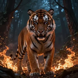 hyper realistic tiger in the burning night forest, mystery, scared, fantasy, highly detailed, digital painting, concept art, sharp focus, illustration, epic light, artstation