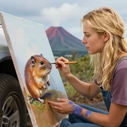 painting volegov car blonde woman volcano