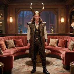 the image is a lost hollywood film still 1 9 8 0 s photograph of the norse god loki's lounge room. vibrant cinematography, anamorphic lenses, crisp, detailed image in 4 k resolution.