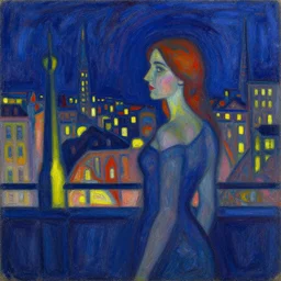a woman in a dream city, by moebius, by hernst haeckel, by munch, pastel deep colours, thick lines, lights by hopper
