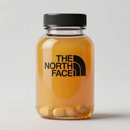 concept art of a north face brand dietary supplement in a transparent modern rounded bottle filled with gold orange liquid, black top, style by greg rutkowski and lois van baarle,, white tones, white background, digital painting, artstation, concept art, smooth, sharp foccus ilustration hq