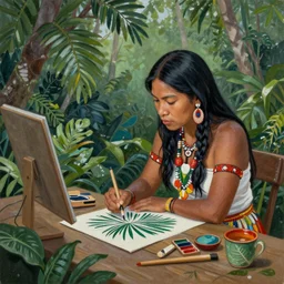 a beautiful painting of an indigenous female doing artwork in the jungle