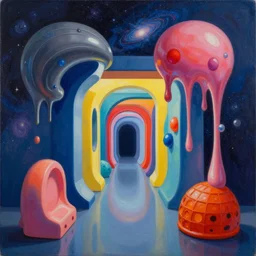 an extremely high quality hd surrealism painting of a 3d galactic neon complimentary-colored cartoon surrealism melting optically illusiony high-contrast zaha hadid futuristic complex hallway by kandsky and salvia dali the third, clear shapes, 8k, realistic shading, ultra realistic, super realistic