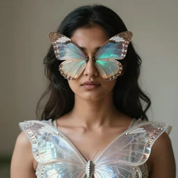 medium shot of a brown south asian woman wearing a butterfly armor. eyes covered with butterfly wings. soft. ethereal. fragile. translucent. layers. reflective. intricate. super detailed. very coherent. face in focus. award winning. extremely photorealistic