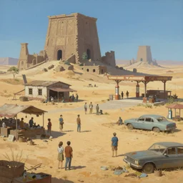 painting of a dystopian desert marketplace that was once the american south, merchant stands and customers, ancient ruins, sandy, ruined gas station and cars, by ruan jia, by conrad roset, by yoshitaka amano, cgsociety, artstation, portfolio quality.