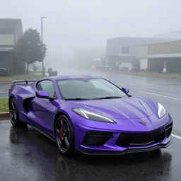 parked purple 2 0 2 3 chevrolet corvette z 0 6, fog, rain, volumetric lighting, beautiful, golden hour, sharp focus, highly detailed, cgsociety