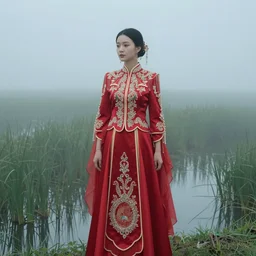 woman in red traditional wedding dress dreamy background, water , long grass , fog ,4k - n4