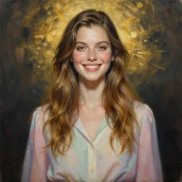 epic painting drawing, full figure portrait of beautiful shy happy supermodel wearing pastel blouse, long wavy hair, dark smoky background, photography by amy leibowitz, wlop, jeremy lipkin, beeple, intricate, symmetrical front portrait, artgerm, golden glowing background