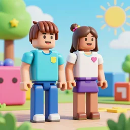 highly detailed 3d render of boy, girl and roblox figure outside in the sun, box shapes, bright colors, octane render, trending, artstation