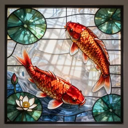 fish red carp water lily stained glass
