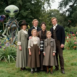sharp, highly detailed, 36864k film, 175000mm film still from a sci fi blockbuster color movie made in 2019, set in 1860, of a family standing in a park, next to some strange alien plants and flowers, on an alien planet, the family are all wearing 1860s era clothes, good lighting, enhanced faces, 70000mm f/2.8L lens