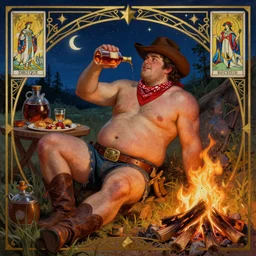 a dramatic, epic, ethereal painting of a !!handsome!! (thicc) mischievous shirtless cowboy with a beer belly!! wearing a large belt and bandana offering a whiskey bottle | he is relaxing by a campfire | background is a late night with food and jugs of whisky | homoerotic | dadbod, love handles, stars, tarot card, art deco, art nouveau, intricate | by Mark Maggiori (((and Alphonse Mucha))) | trending on artstation