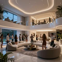 modern futuristic and luxurious home with large group of people partying and celebrating inside, photorealistic, ultra-detailed, HDR shot, cinematic lighting