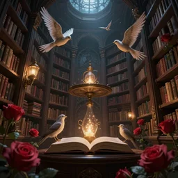 magic library, magic, birds, roses, fairy tale, evening lights, highly detailed, low angle view, artstation, mysterious, comfort, in the style of aetherpunk