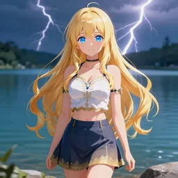 a very beautiful anime cute girl, full body, long wavy blond hair, sky blue eyes, full round face, short smile, fancy top, miniskirt, summer lake setting, cinematic lightning, medium shot, mid-shot, highly detailed, trending on Artstation, Unreal Engine 4k, cinematic wallpaper by Stanley Artgerm Lau, WLOP, Rossdraws, James Jean, Andrei Riabovitchev, Marc Simonetti, and Sakimichan