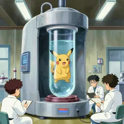 A laboratory with a huge machine that clones Pokémon, Mewtwo growing in a tube in the center of the room, scientists are taking notes nearby, art by Hayao Miyazaki, art by Studio Ghibli, anime style