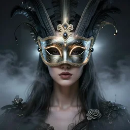 centered portrait of a beautiful woman wearing a venetian mask, intricate concept art, ethereal, highly detailed, artstation, smooth, mist, cinematic, dramatic lighting, bloom, darksynth, illuminated lines, outrun, vaporware, 8 k, by ruan jia and ilya kuvshinov and liam wong and alphonse mucha