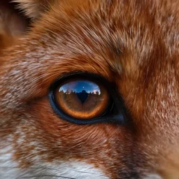 macro picture of a red fox's eye, macro photography, night sky reflected