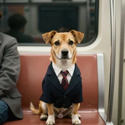 a dog wearing a business suit on a subway train, 1 9 7 0 colour photography