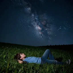 a boy lays on a grassy field and stares up at a detailed dark, night sky filled with stars