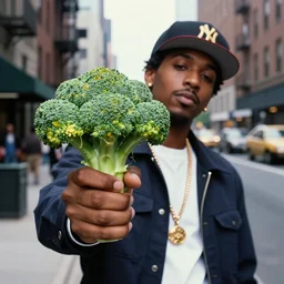 a 1 5 mm wide - angle lens photo of a rapper in 1 9 8 0's new york holding a broccoli up to the camera