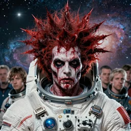 8 k headshot portrait of scary godlike cosmonaut in spacesuit from the 1 8 0 0 s, wild symmetrical bloody spiky and voluminous hair, beautiful galaxy background by craig mullins, ilya kuvshinov, krenz cushart, epic, german engineering, artgerm trending on artstation by edward hopper and dan mumford and wlop and rutkovsky, bek