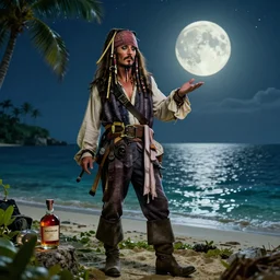 Captain Jack Sparrow is looking all over an island for his rum, where is his rum, why is the rum gone, the moon is rising on the horizon, star glistening in the night, hyperdetailed, artstation, cgsociety, 8k