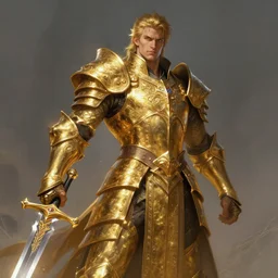 strong warrior with legendary sword, fantasy, man, gilded shiny armour, intricate, highly detailed, digital painting, artstation, concept art, wallpaper, smooth, sharp focus, illustration, illumination, raytracting, art by larry elmore, jeff easley, clyde waldwell, keith parkinson, daniel r horne