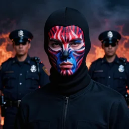 high fashion model, black balaclava, red and blue zebra facepaint face paint, psychedelic color theme, moody, hyper realisitic portrait of burning police officer, tristan eaton, victo ngai, artgerm, rhads, ross draws