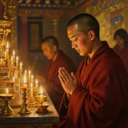 beautiful oil matte portrait painting, tibetan monks praying to a candle - lit altar inside a tibetan temple, wonderful masterpiece highly detailed, beautiful cinematic light deep focus, elegant, digital painting, smooth, sharp focus, golden ratio, dramatic illumination, ultra realistic, 8 k, art by artemisia lomi gentileschi and caravaggio