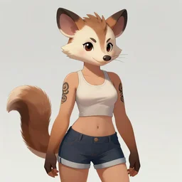 character portrait of a female anthro opossum fursona wearing a tanktop and shorts with arm tattoos. Character design by charlie bowater, ross tran, artgerm, and makoto shinkai, detailed, inked, western comic book art
