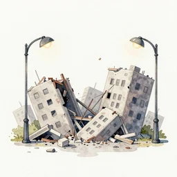 a simple water color painting of a collapsed city, with lamps and shards, intricate detail, high - resolution, low depth field effect, trending on artstation