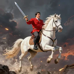 hugo chavez holding a sword riding on a white majetic pegasus through the thundering skies