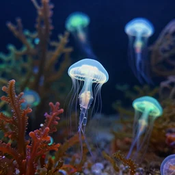 many small fluorescent jellyfish, colorful sea plants, soft light, hyper realistic, nature photo, beautiful, 4 k.