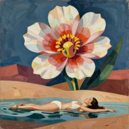 woman swims past a magnificent flower blooming in the desert, abstract art in the style of cubism and georgia o keefe