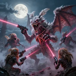 concept art of gargoyle attack, lovecraftian, lots of teeth, melting horror, fluffy feathers, round moon, rich clouds, fighting the horrors of the unknown with laser guns, high resolution, very detailed, colorful, vibrant, roaring, volumetric light, mist