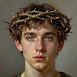 A beautiful close-up of a young man with a crown of thorns, digital art by Edward Hopper, vibrant color scheme, highly detailed, in the style of romanticism, fine Art, high detail, great lighting, 8k resolution, masterpiece, concept art, illustration, clear eyes, soft lighting, soft details, painting oil on canvas, octane render, HDR, trending on artstation, 4k, 8k, HD