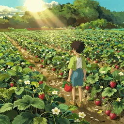a wholesome animation key shot of a sunny backlighting strawberry field, studio ghibli, pixar and disney animation, sharp, rendered in gouache painting, anime gouache key art by greg rutkowski, bloom, dramatic, dynamic lighting