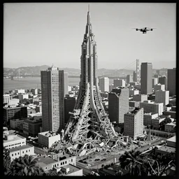 futuristic city building out of ruins, ruined city next to new city, san francisco, drones, 2 0 3 9, daguerrotype