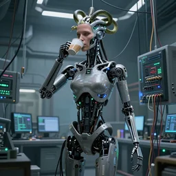 the torso of fully a mechanical terminator lady with borg implants, human face and robotic snakes coming out of her head is hanging from cables and wires off the ceiling of an futuristic computer lab and plugged into a quantum computer. Her bottom half is missing with cables hanging out. She is taking a sip from a cup of coffee. Tiny green led lights in her cybernetics. very detailed 8k. Cyberpunk horror style.