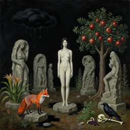 realistic painting of solid black night sky, war, tall emo girl forest, stone sculptures, a fox, a pear tree, black clouds dripping black liquid, stones, black puddles, pomegranate tree, bromeliads, herbs, raven, bones, berries, zen, sensual, surrealist painting by magritte and monet and kahlo