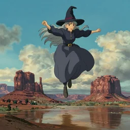 realistic still from howl's moving castle ( 2 0 0 4 ) of a long - haired grey witch in the air above a flooded monument valley, hq depth of field.