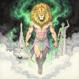 aesthetic portrait commission of a albino muscular and attractive anthro lion with mane turning into green cosmic smoke while wearing an attractive pastel greek jeweled outfit floating inside a floating palace in the clouds,  minimalistic art, hyperdetailed. Character design by charlie bowater, ross tran, artgerm, and makoto shinkai, detailed, inked, western comic book art, 2021 award winning painting