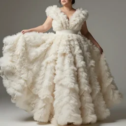 fictional haute couture, fold layered flutter, heavy fabric full piece, soft fluffy texture, volume flowing folds aesthetic, femme curvy model posing realistic shaded lighting photography, 8 k, sharp focus, romantic undertones, highly detailed render