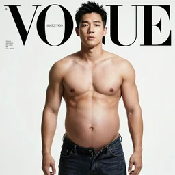 A heavily pregnant handsome muscular young Asian man in his 20s with a big belly on the cover of Vogue
