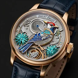 a steampunk sleek, jewelled, tropical bird repeater watch by Jaquet Droz, highly detailed illustration highlights, gold and silver highlights, neon blue highlights, macro photography, F/2.8, trending on artstation, octane render