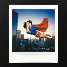 a polaroid photo of superman kissing lois lane while flying over metropolis in 1978