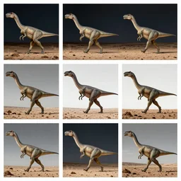 a set of photographs of a moving object, taken for the purpose of recording and exhibiting successive phases of motion of walking cycle, muybridge chronophotograph of walking dinosaur in the desert,, 8 k, night, high detail