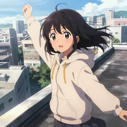 anime visual portrait of a young black haired girl wearing hoodie sightseeing above the urban city school rooftop sunny day dramatic lighting dynamic perspective and posingby yoh yoshinari