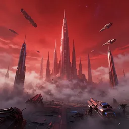 surrounded by fumes, spaceships raced through the beautiful red sky, above the metallic remains of ancient times. rising above the dark grounds, gigantic, enlightened buildings stood, like hundreds of needles piercing the sky. those overwhelming skyscrapers seemed almost able to reach the stars as if trying to reveal the immensity of this unknown universe, pixar style,